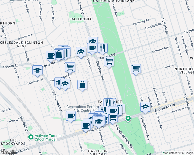 map of restaurants, bars, coffee shops, grocery stores, and more near 55 Innes Avenue in Toronto
