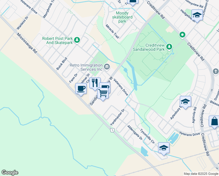 map of restaurants, bars, coffee shops, grocery stores, and more near 33 Dufay Road in Brampton