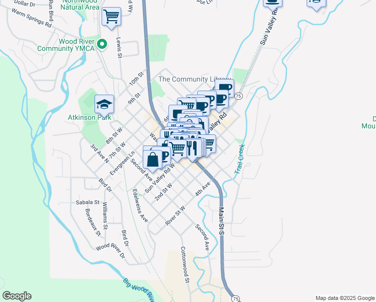 map of restaurants, bars, coffee shops, grocery stores, and more near 231 Sun Valley Road in Ketchum