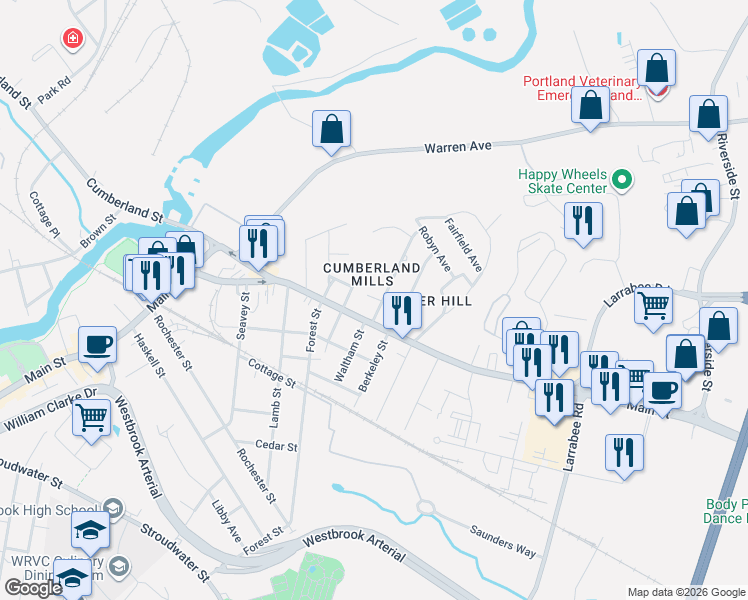 map of restaurants, bars, coffee shops, grocery stores, and more near 307 Main Street in Westbrook