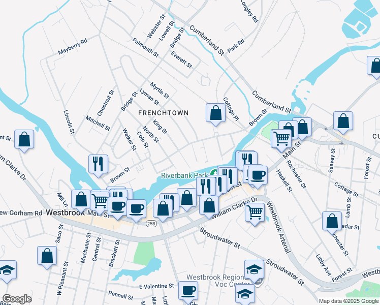 map of restaurants, bars, coffee shops, grocery stores, and more near 15 King Street in Westbrook