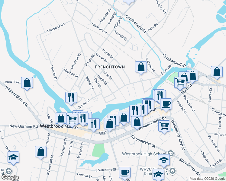 map of restaurants, bars, coffee shops, grocery stores, and more near 21 North Street in Westbrook