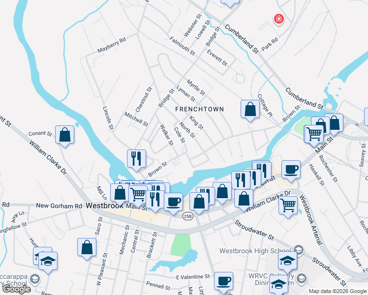 map of restaurants, bars, coffee shops, grocery stores, and more near 249 Brown Street in Westbrook