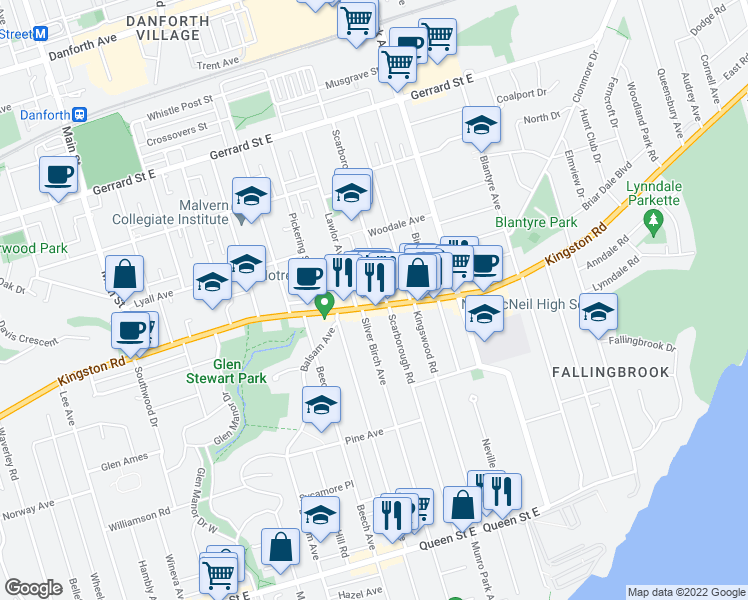 map of restaurants, bars, coffee shops, grocery stores, and more near in Toronto