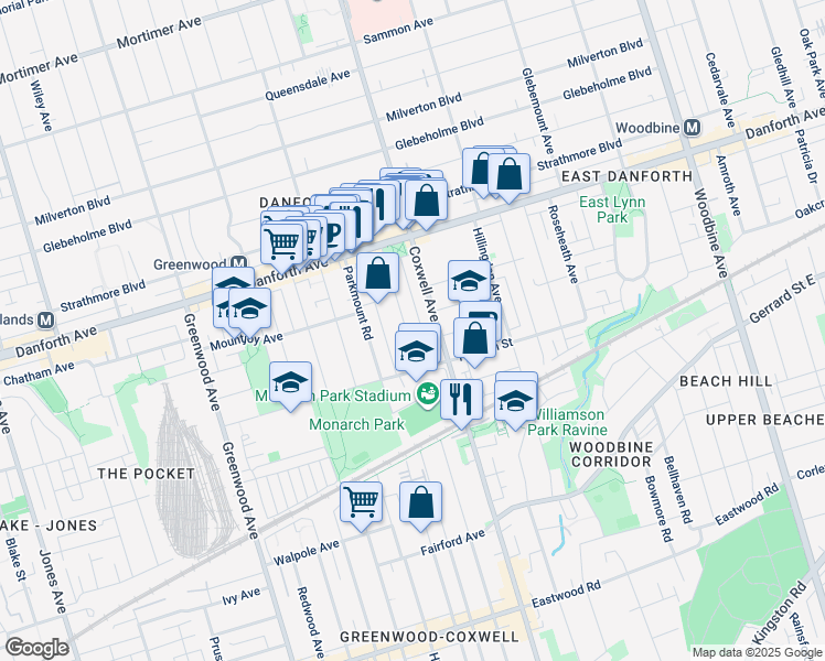 map of restaurants, bars, coffee shops, grocery stores, and more near 597 Rhodes Avenue in Toronto