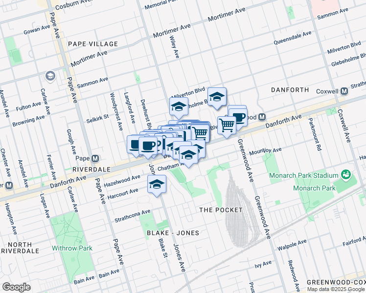 map of restaurants, bars, coffee shops, grocery stores, and more near in Toronto
