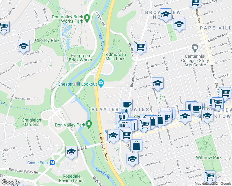 map of restaurants, bars, coffee shops, grocery stores, and more near in Toronto