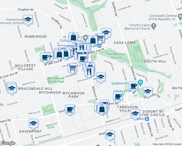 map of restaurants, bars, coffee shops, grocery stores, and more near in Toronto