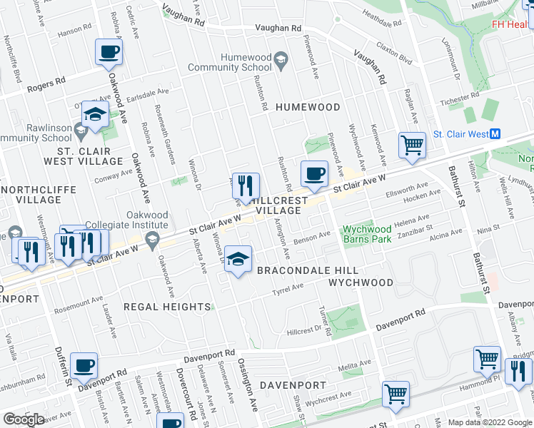 map of restaurants, bars, coffee shops, grocery stores, and more near in Toronto
