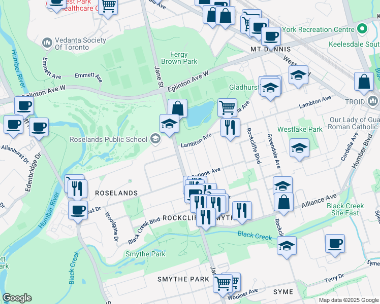map of restaurants, bars, coffee shops, grocery stores, and more near in Toronto