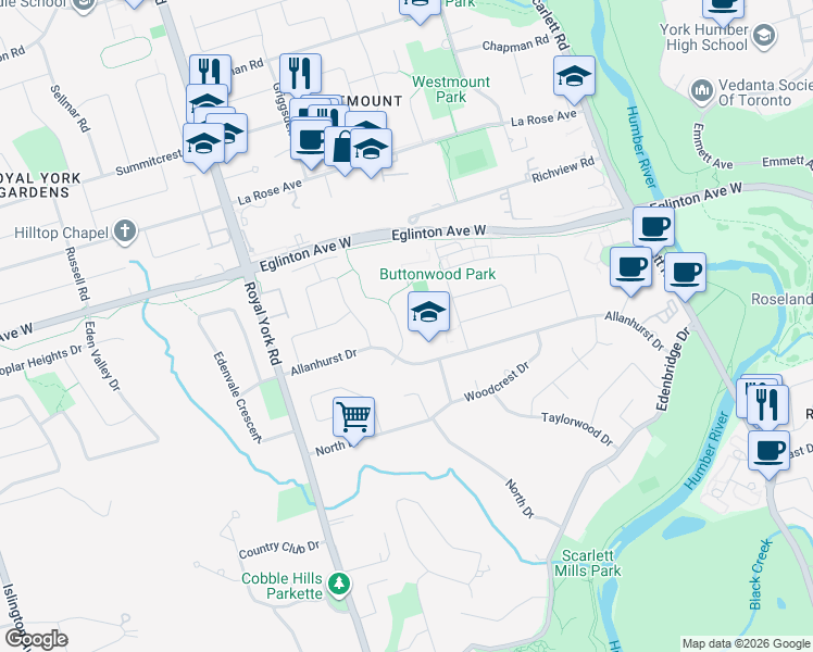 map of restaurants, bars, coffee shops, grocery stores, and more near in Toronto