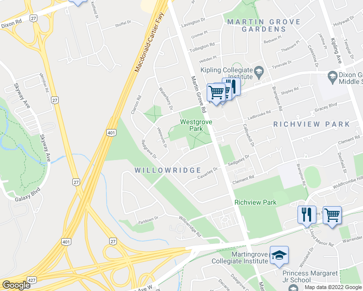 map of restaurants, bars, coffee shops, grocery stores, and more near in Toronto