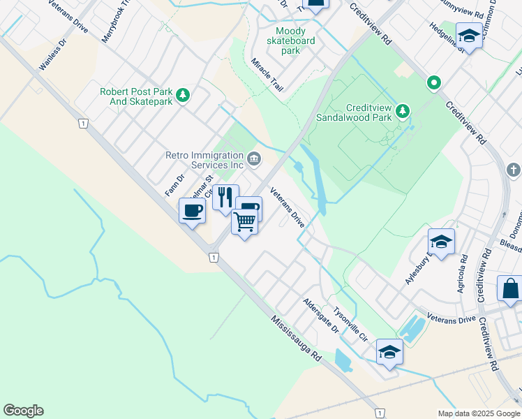 map of restaurants, bars, coffee shops, grocery stores, and more near 33 Dufay Road in Brampton