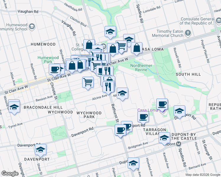 map of restaurants, bars, coffee shops, grocery stores, and more near in Toronto