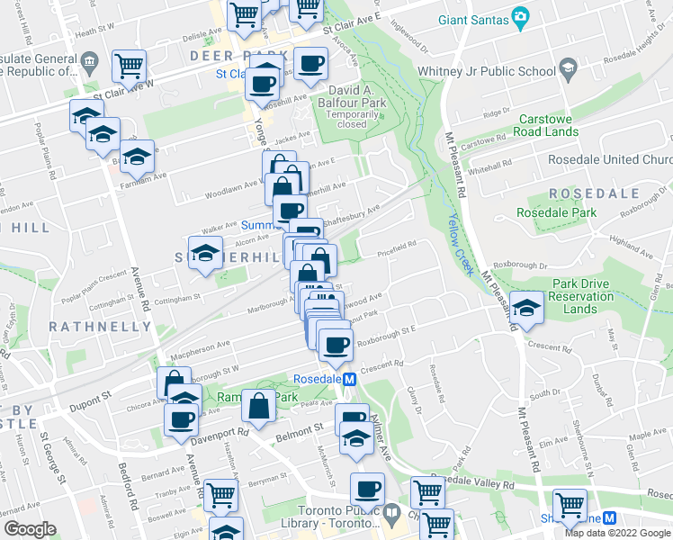 map of restaurants, bars, coffee shops, grocery stores, and more near 33 Price Street in Toronto
