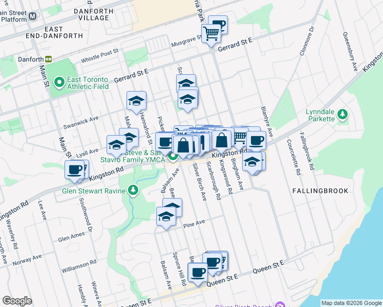 map of restaurants, bars, coffee shops, grocery stores, and more near 1 Lawlor Avenue in Toronto