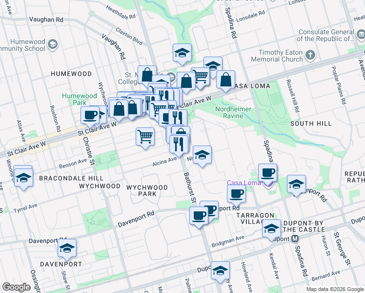 map of restaurants, bars, coffee shops, grocery stores, and more near 1383 Bathurst Street in Toronto