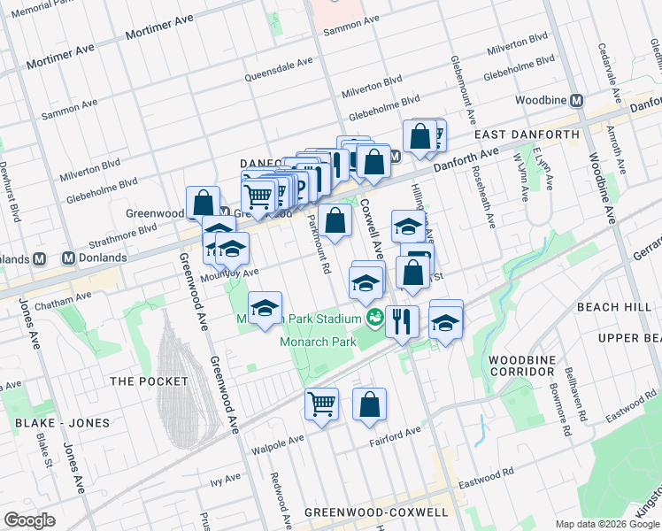 map of restaurants, bars, coffee shops, grocery stores, and more near 999 Craven Road in Toronto