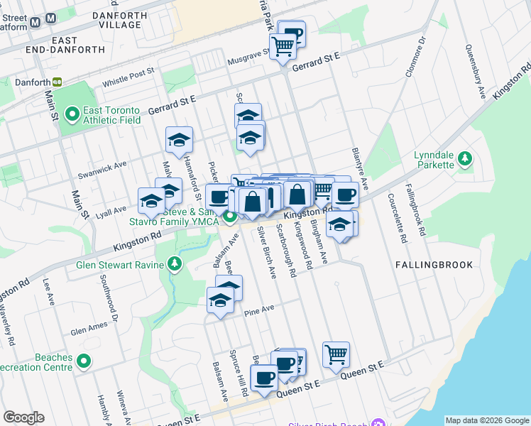 map of restaurants, bars, coffee shops, grocery stores, and more near 952 Kingston Road in Toronto
