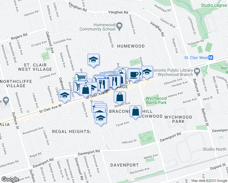 map of restaurants, bars, coffee shops, grocery stores, and more near 781 Saint Clair Avenue West in Toronto