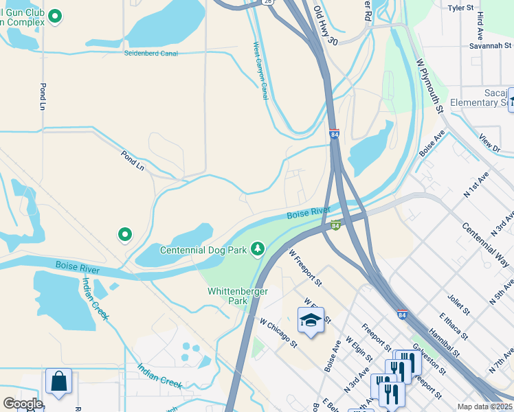 map of restaurants, bars, coffee shops, grocery stores, and more near 21395 Chicago Street in Caldwell