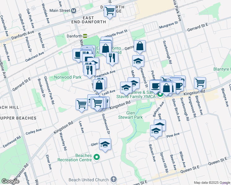 map of restaurants, bars, coffee shops, grocery stores, and more near 31 Lyall Avenue in Toronto