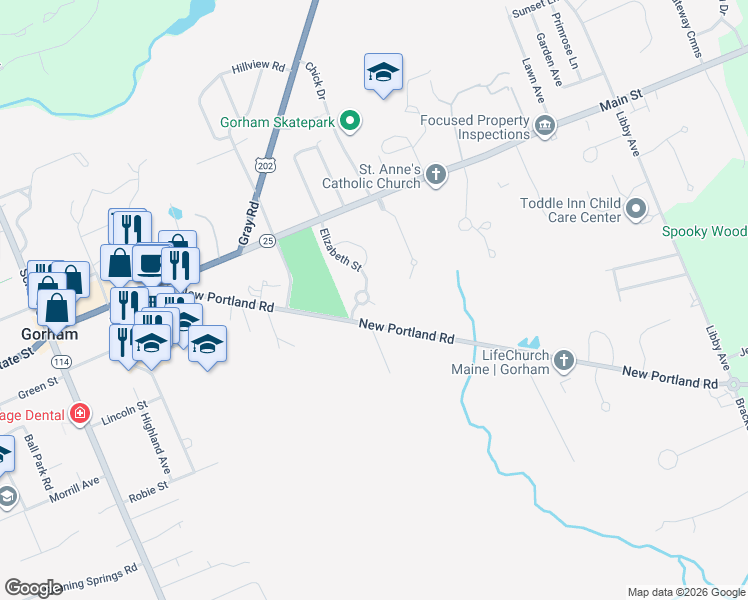 map of restaurants, bars, coffee shops, grocery stores, and more near 52 Tink Drive in Gorham