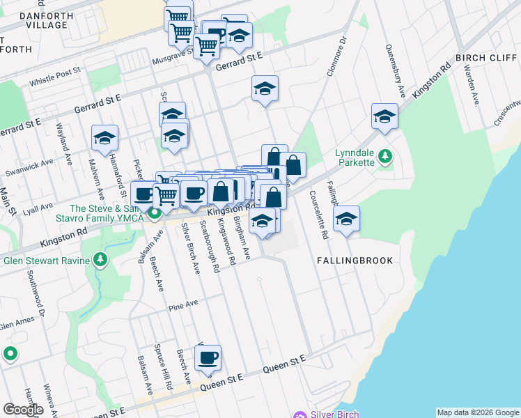 map of restaurants, bars, coffee shops, grocery stores, and more near 1091 Kingston Road in Toronto