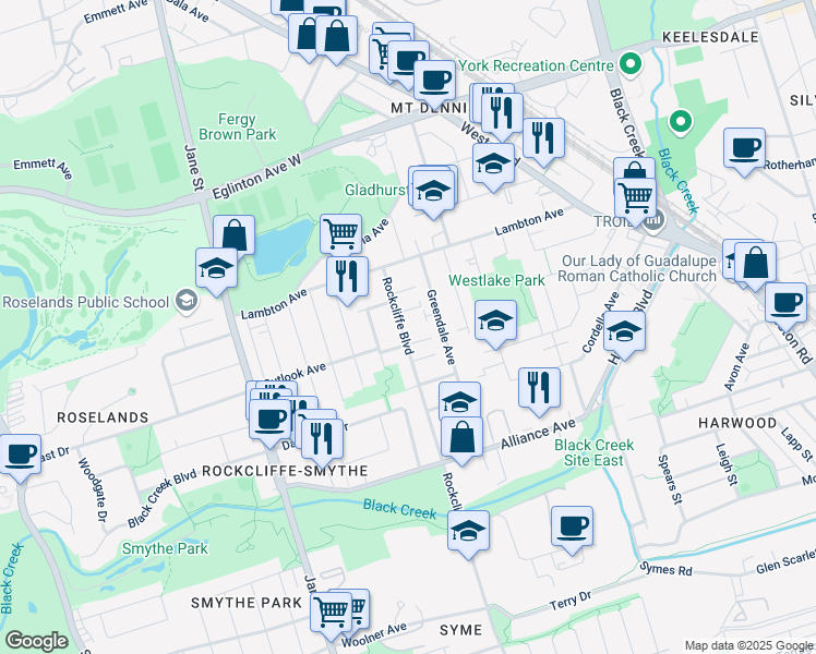 map of restaurants, bars, coffee shops, grocery stores, and more near 47 Rockcliffe Boulevard in Toronto