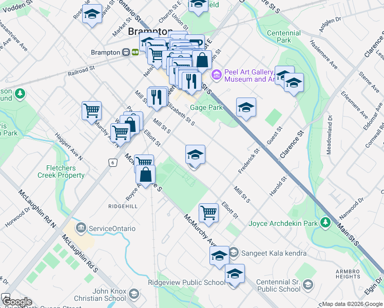 map of restaurants, bars, coffee shops, grocery stores, and more near 53 Mill Street South in Brampton