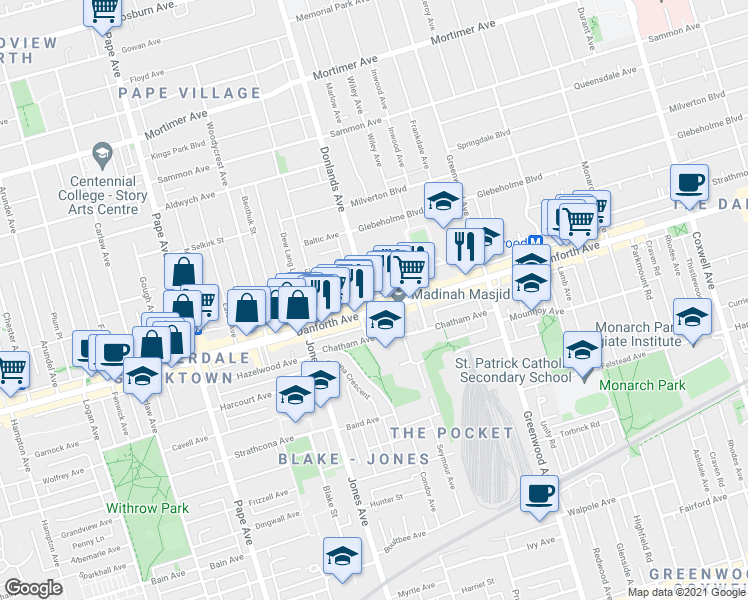 map of restaurants, bars, coffee shops, grocery stores, and more near 5 Donlands Avenue in Toronto