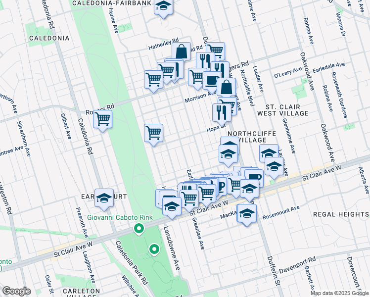 map of restaurants, bars, coffee shops, grocery stores, and more near 129 Earlscourt Avenue in Toronto