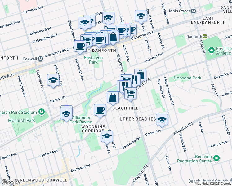 map of restaurants, bars, coffee shops, grocery stores, and more near 763 Woodbine Avenue in Toronto