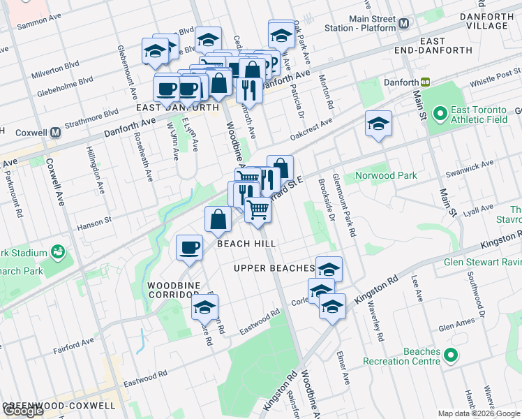 map of restaurants, bars, coffee shops, grocery stores, and more near 763 Woodbine Avenue in Toronto