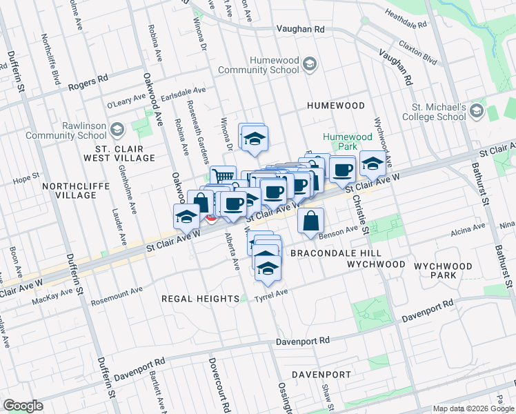 map of restaurants, bars, coffee shops, grocery stores, and more near 840 Saint Clair Avenue West in Toronto
