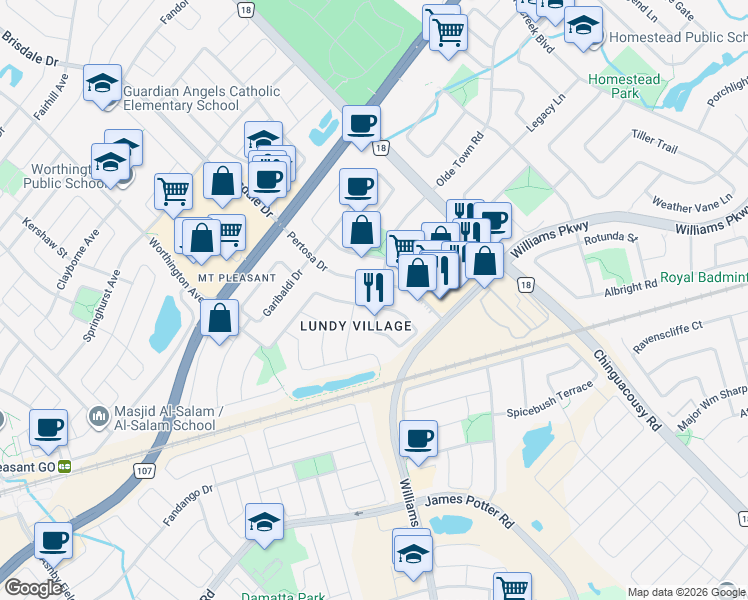 map of restaurants, bars, coffee shops, grocery stores, and more near 2 Lake Louise Drive in Brampton
