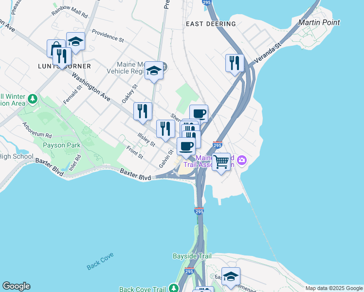 map of restaurants, bars, coffee shops, grocery stores, and more near 38 Pembroke Street in Portland