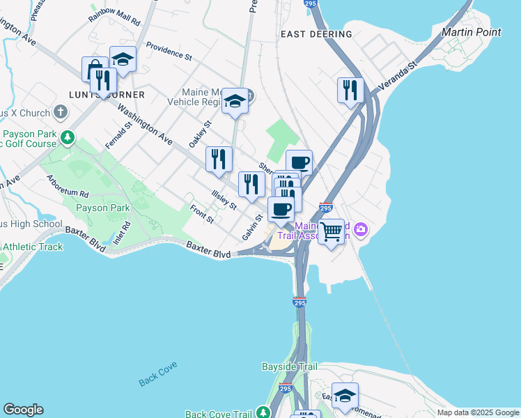 map of restaurants, bars, coffee shops, grocery stores, and more near 38 Pembroke Street in Portland