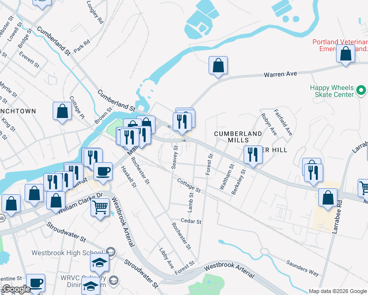 map of restaurants, bars, coffee shops, grocery stores, and more near 425 Main Street in Westbrook