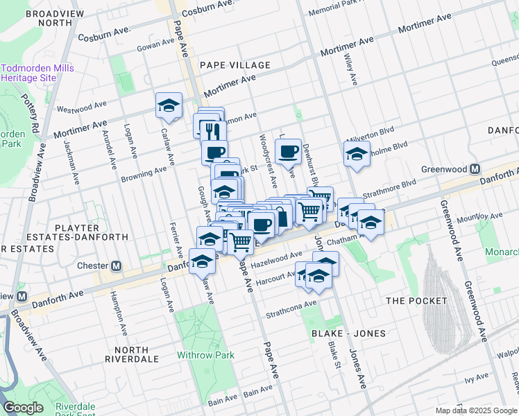 map of restaurants, bars, coffee shops, grocery stores, and more near in Toronto