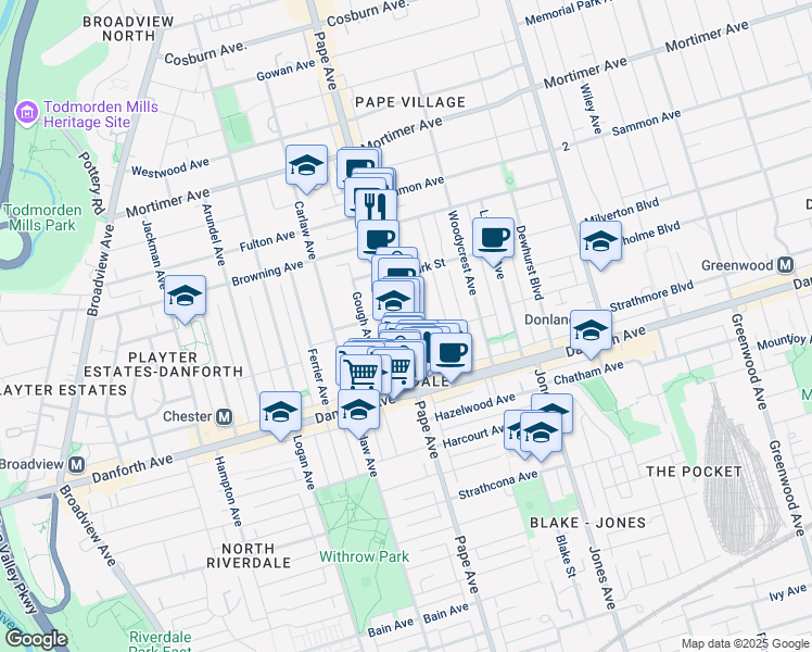 map of restaurants, bars, coffee shops, grocery stores, and more near in Toronto