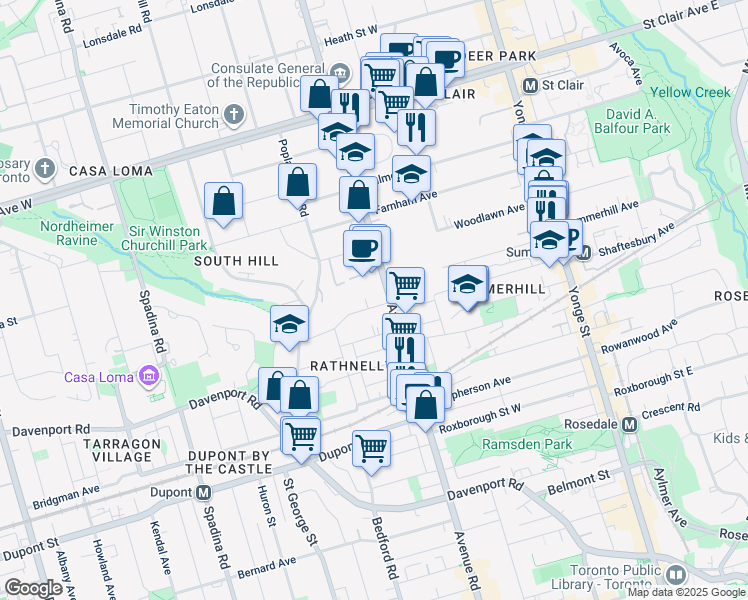 map of restaurants, bars, coffee shops, grocery stores, and more near 10 Benvenuto Place in Toronto