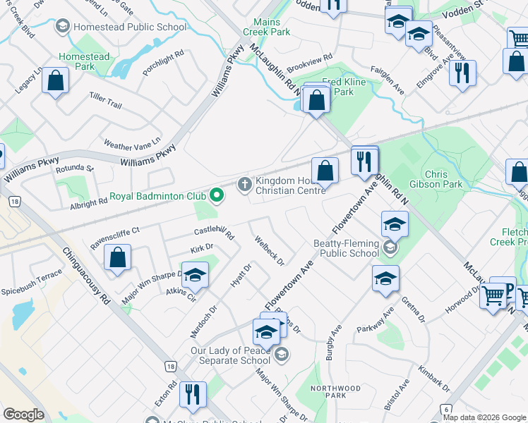 map of restaurants, bars, coffee shops, grocery stores, and more near 42 Northwood Drive in Brampton