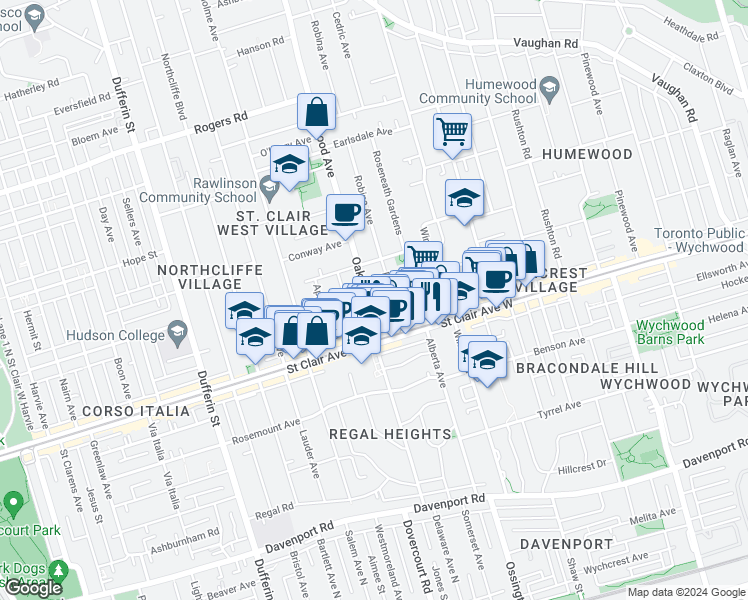 map of restaurants, bars, coffee shops, grocery stores, and more near 169 Oakwood Avenue in Toronto