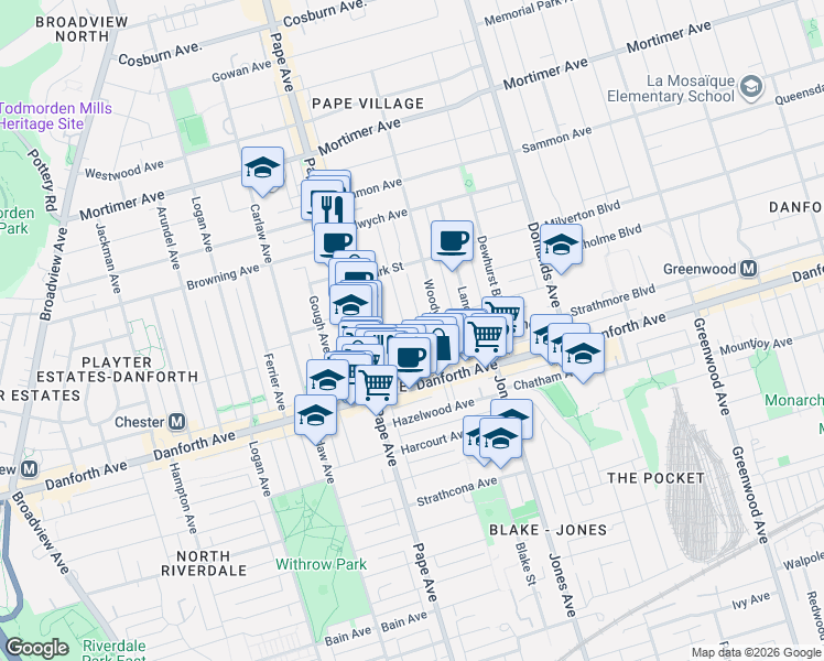 map of restaurants, bars, coffee shops, grocery stores, and more near 43 Eaton Avenue in Toronto