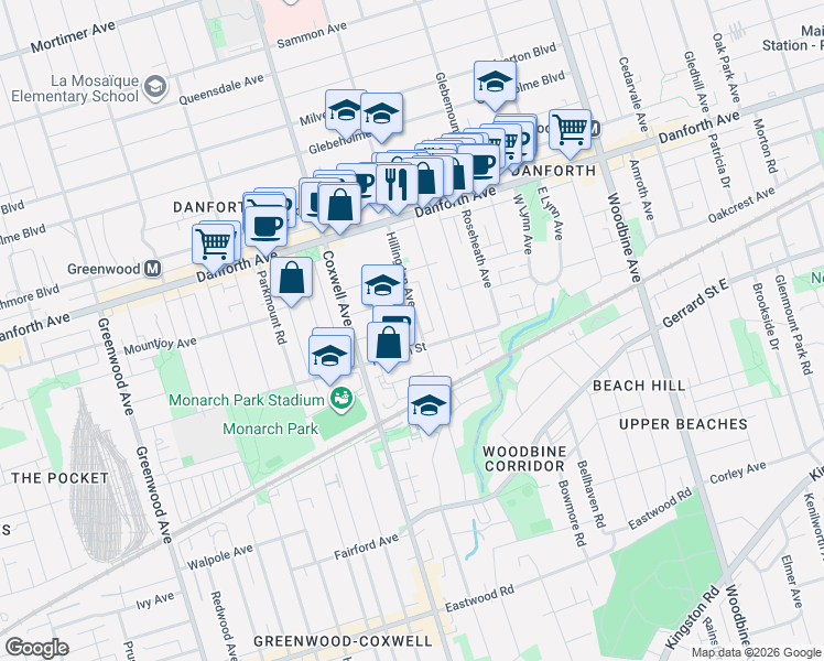 map of restaurants, bars, coffee shops, grocery stores, and more near 43 Currie Avenue in Toronto