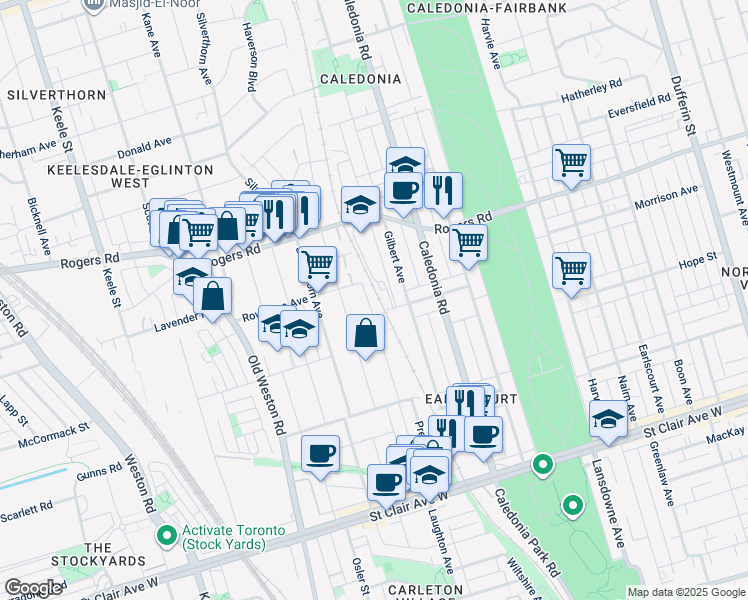 map of restaurants, bars, coffee shops, grocery stores, and more near 257 Prescott Avenue in Toronto