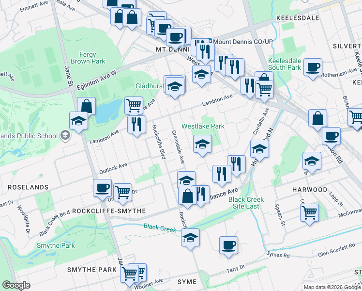 map of restaurants, bars, coffee shops, grocery stores, and more near 47 Greendale Avenue in Toronto