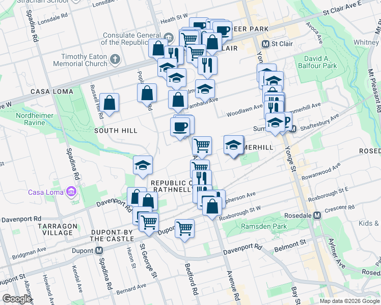 map of restaurants, bars, coffee shops, grocery stores, and more near 340 Avenue Road in Toronto