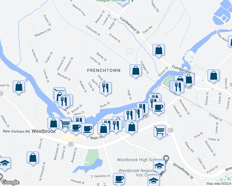 map of restaurants, bars, coffee shops, grocery stores, and more near 184 Brown Street in Westbrook